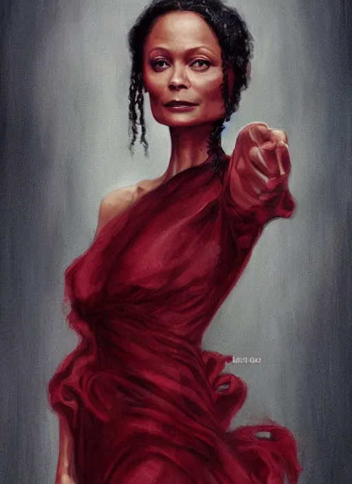 Image similar to thandie newton form westworld, portrait, dark red 2 0's dress, by charlie bowater