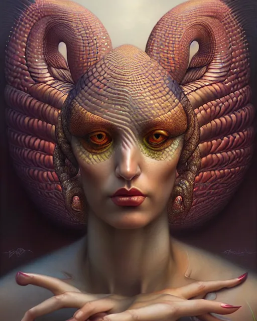 Image similar to a detailed portrait of dreampunk flamingo python hybrid mix goddess by tomasz alen kopera and peter mohrbacher