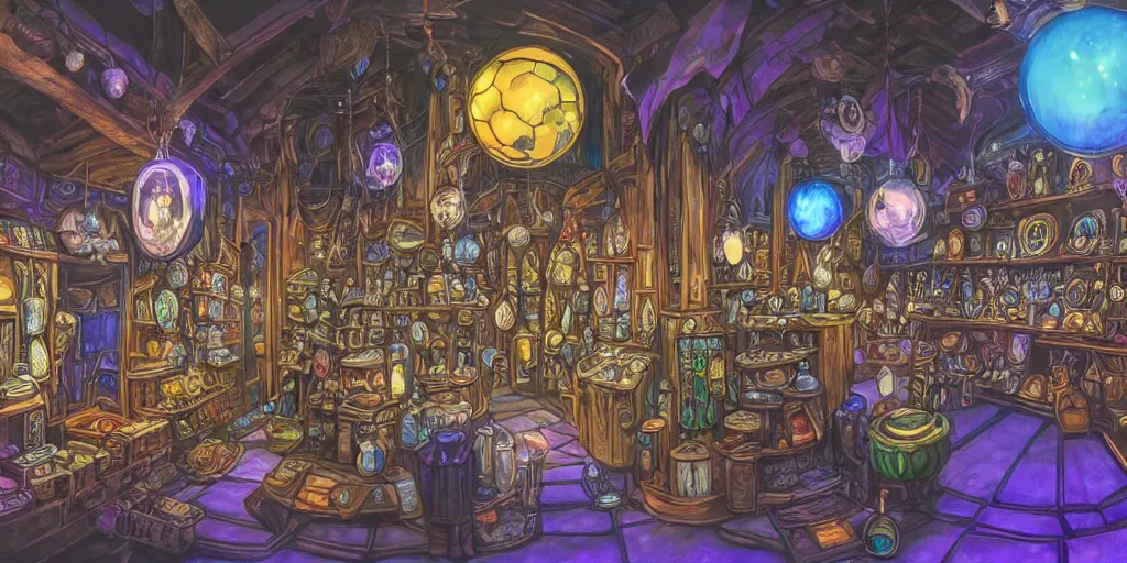 Prompt: inside a magical item shop, fantasy potion vendor interior, a black crystal ball with blue lightning, studio ghibli studio art style, wide angle, gothic interior