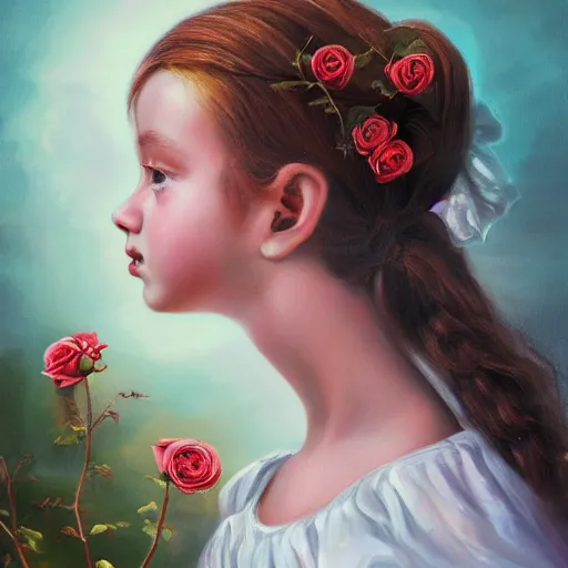 Prompt: a young girl portrait with porcelain face and hazelnut big eyes, two ponytails flying in the wind head, dressed in a vintage dress, blooming roses in her head, conceptual art, oil fantasy painting, hyperdetailed, dramatic light, 8 k