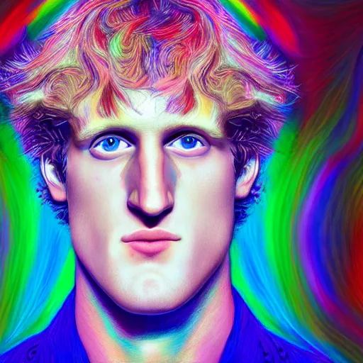 Image similar to an extremely psychedelic portrait of logan paul, lsd, face, detailed, intricate, elegant, lithe, highly detailed, digital painting, artstation, concept art, smooth, sharp focus, illustration