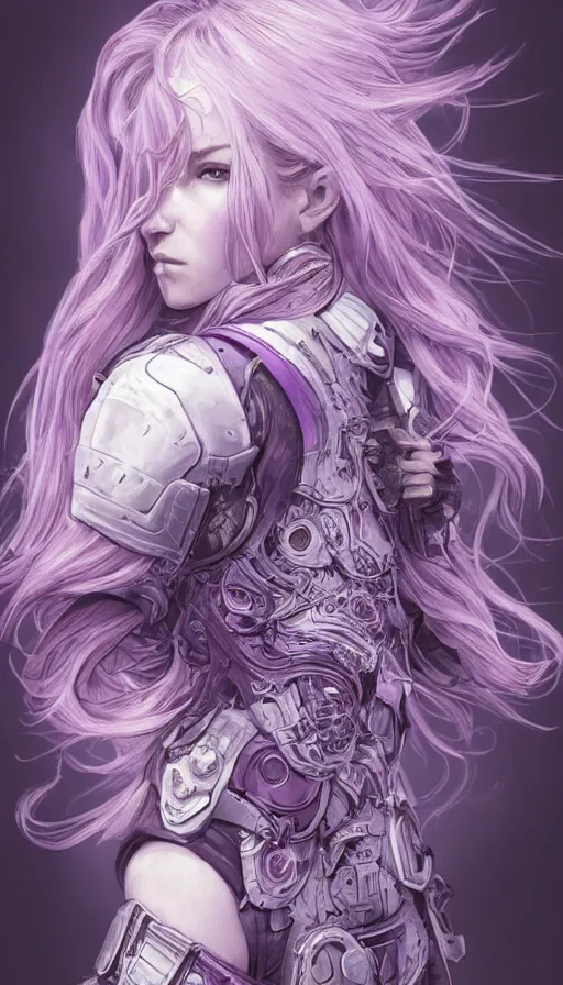 Image similar to close facial portrait of a pale woman in power armor with flowing purple hair, elegant, stoic, intense, ultrafine hyperdetailed illustration by kim jung gi, irakli nadar, intricate linework, sharp focus, bright colors, octopath traveler, final fantasy, hearthstone, highly rendered, global illumination, radiant light, detailed, intricate environment