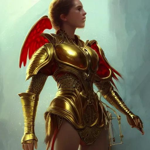 Prompt: Portrait of an angel in gold and red ornate armor, intricate, cinematic lighting, highly detailed, digital painting, artstation, concept art, smooth, sharp focus, illustration, art by Artgerm and Greg Rutkowski, Cgsociety