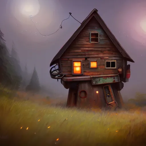 Image similar to a walking wood and metal house with two legs and one big eye, smoky chimney, rust, hyperrealistic, highly detailed, cinematic, single ray of sun, morning, pareidolia, gravity falls style, disney, beautiful, cgssociety, artstation, 8 k, oil painting, digital art