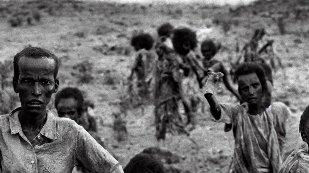 Image similar to 1 9 8 4 ethiopian famine and drought, moody, bbc television news, 8 k