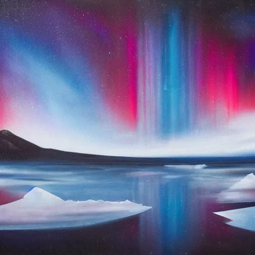 Image similar to the epic orphism painting'blue arctic void with black and red aurora borealis ', stunning masterpiece, trending on artstation