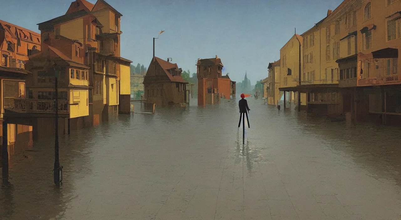 Prompt: single flooded simple wooden empty street, very coherent and colorful high contrast!! masterpiece by rene magritte simon stalenhag carl spitzweg syd mead norman rockwell edward hopper james gilleard, minimalist, dark shadows, sunny day, hard lighting