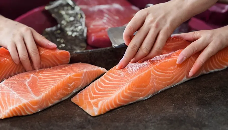 Prompt: person cuddling a flank of salmon being cut, person asleep in a salmon-meat bed and salmon body pillows