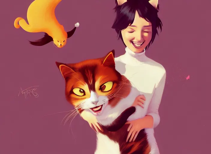 Image similar to a tomboy girl being happy with her cat. style by petros afshar, christopher balaskas, goro fujita, and rolf armstrong.