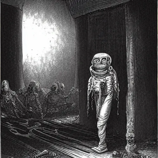 Image similar to eerie space alien talking to a group of people in front of a space ship in an ancient village in a Gustave Dore art style, grunge, matte