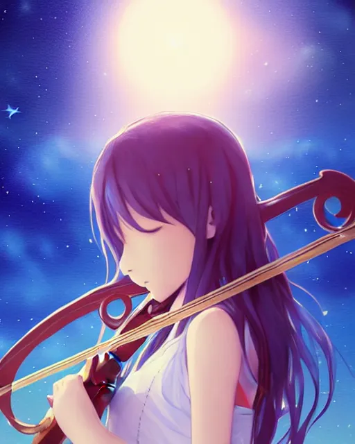 Image similar to teen, cute, full body, a female with white skin and golden long wavy hair holding a violin and playing a song, heavenly, stunning art style, filters applied, lunar time, night sky, trending art, sharp focus, centered, landscape shot, fate zero, simple background, studio ghibly makoto shinkai yuji yamaguchi, by wlop