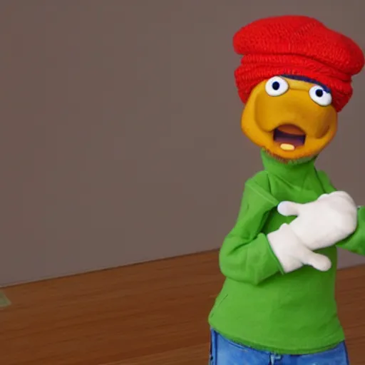 Prompt: parappa the rapper as a muppet hyperrrealism