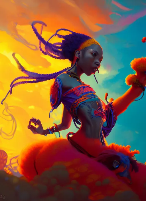 Prompt: afropunk, vibrant colors, ( ( ( koi colors ) ) ), octane render, jesper ejsing, james jean, justin gerard, tomasz alen kopera, cgsociety, fenghua zhong, makoto shinkai, highly detailed, rim light, art, cinematic lighting, very coherent, hyper realism, 8 k