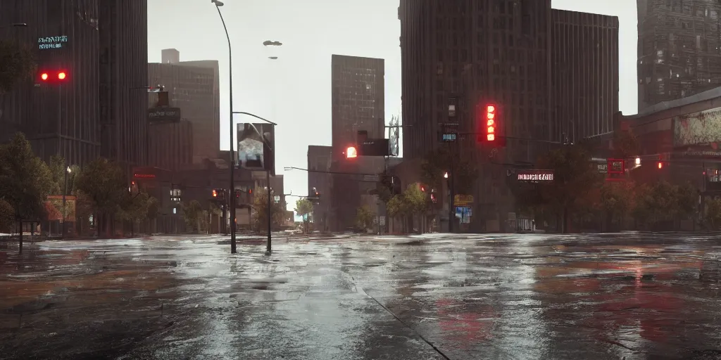 Prompt: counter - hegemonic downtown denver with heavy rain, cinematic, ultra - realistic, ultra - detailed, octane render, unreal engine 5, depth of field