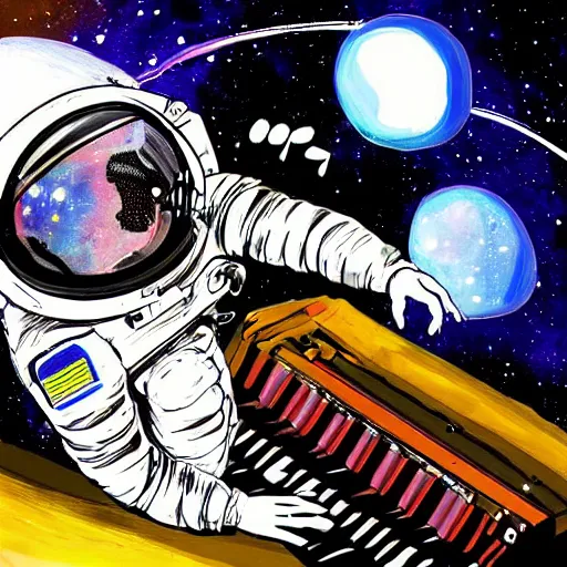 Prompt: an astronaut with headphone playing keyboard in the space, digital painting, digital art, neal adams