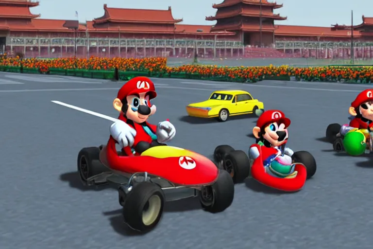 Prompt: mario kart in tiananmen square, ingame screenshot, highly detailed