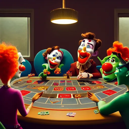 Image similar to pixar clowns playing poker, smiling maniacally | glamorous oily soft polished rich ornate modern | weta disney pixar movie still photo | hi - fructose, sci fi fantasy, smooth, octane render, sharp focus, artstation, concept art | artgerm, mucha, rutkowski, feng zhu, wlop, loish