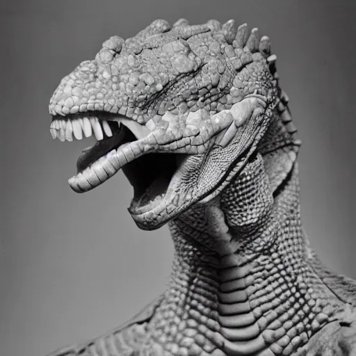Image similar to studio portrait photograph of a reptilian humanoid with a long snout and pointed teeth