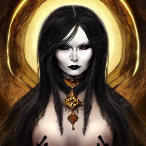 Prompt: a gothic sorceress, long black hair, golden eyes, digital art, highly detailed, high resolution, award winning