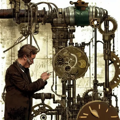 Prompt: A random pointless contraption ((steampunk)) industrial appliance pneumatic machine with no apparent purpose, being operated by a scholarly looking man with a clear directed gaze, artwork by Craig Mullins