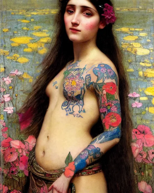 Prompt: a beautiful girl with tattoos surrounded by colourful flowers orientalist intricate portrait by john william waterhouse and edwin longsden long and theodore ralli and nasreddine dinet, oil on canvas. cinematic, hyper realism, dramatic lighting, high detail 8 k