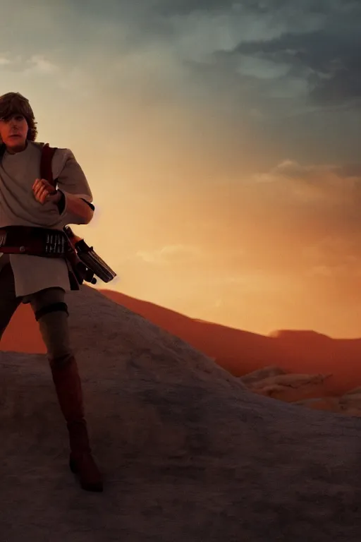 Prompt: young luke skywalker in a heroic action pose against a tattooine sunset, close up, dramatic lighting, octane render