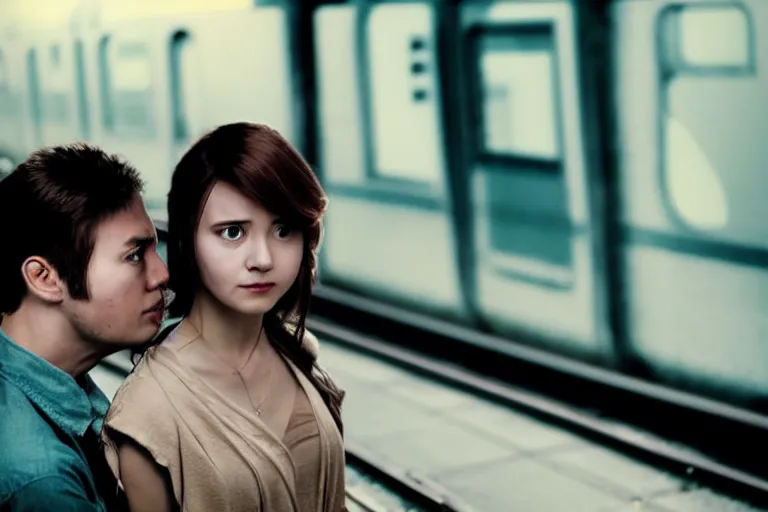 Image similar to vfx movie closeup couple in a train station flat color profile low - key lighting award winning photography cinematography atmospheric cool color - grade