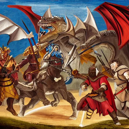 Image similar to dnd party of characters in a battle with a dragon, medieval painting, 4k, art,