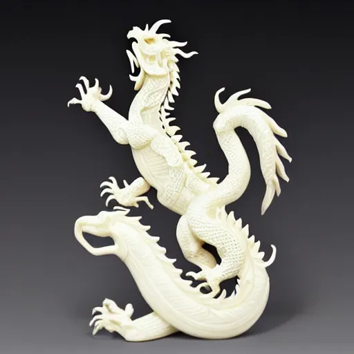 Image similar to an ivory carving sculpture of a chinese dragon winding around intricate wooden structures