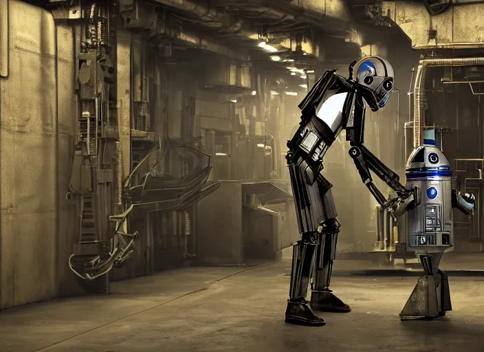 Prompt: film still from star wars, ig - 1 1 assassin droid working in a dimly lit industrial junk engine room. interior set design photograph by gilbert taylor 2 0 4 9