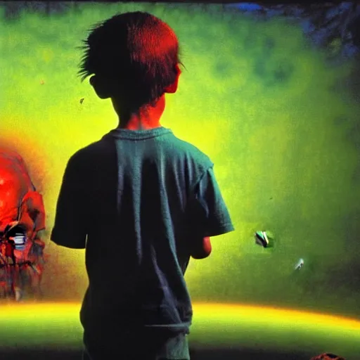 Prompt: 8k professional photo of an 8 years old enlightened and scared boy standing in front of an old computer from 90s with a game doom2 at the monitor screen in a vr vaporwave space, Beksinski impasto painting, part by Adrian Ghenie and Gerhard Richter. art by Takato Yamamoto, masterpiece. still from a movie by Gaspar Noe and James Cameron