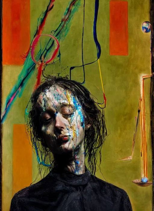 Image similar to violinist thinking of her performance by vincent lefevre and hernan bas and pat steir and hilma af klint, psychological, photorealistic, symmetrical face, dripping paint, washy brush, threads, rendered in octane, altermodern, masterpiece