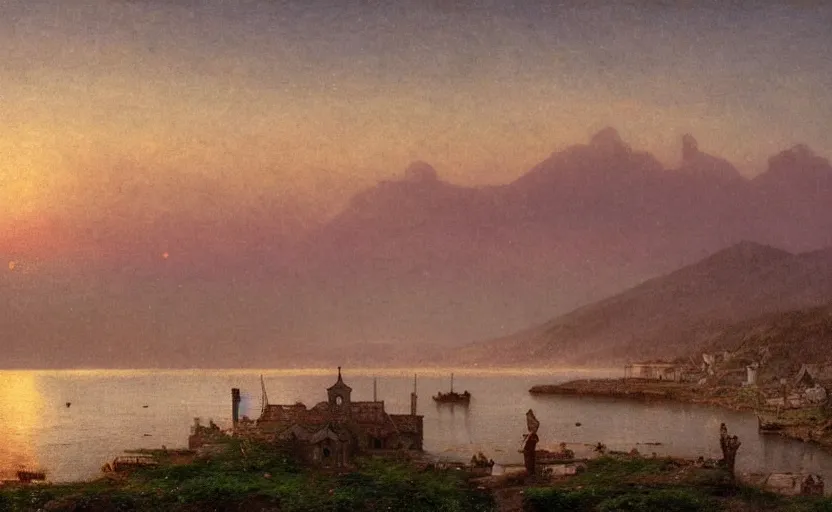 Prompt: early 1900s port town on a hill overlooking the ocean, at dusk, distant mountains, 4k, rule of thirds, extreme detail, hazy water, intricate ink illustration, trending on artstation, cgsociety, hd, calm, complimentary colours, realistic lighting, by Albert Bierstadt, Frederic Edwin Church.