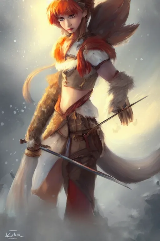 Prompt: a fox warrior princess holding a sword, snow, backlighting, trending on artstation, digital art, by kawacy, furry art