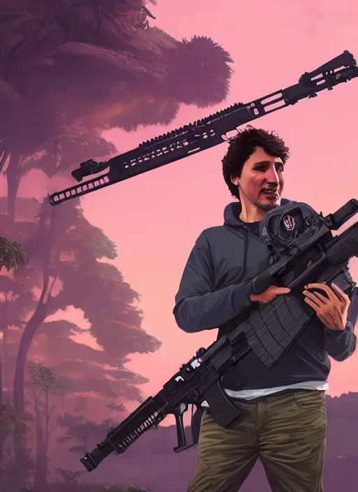 Prompt: highly detailed portrait justin trudeau in ( ( pink hoody ) ) holding ar - 1 5! ( setting costa rica ) in gta v stephen bliss unreal engine fantasy art by greg rutkowski loish rhads ferdinand knab makoto shinkai lois van baarle ilya kuvshinov rossdraws tom bagshaw global illumination radiant light detailed intricate environment