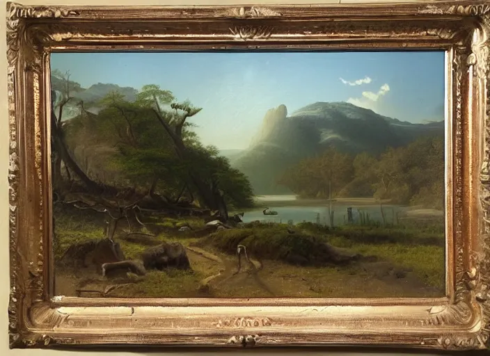 Image similar to first spring after the impact winter post - cretaceous paleogene extinction event, life is starting to adapt to a changed world, in the style of hudson river school of art, oil on canvas