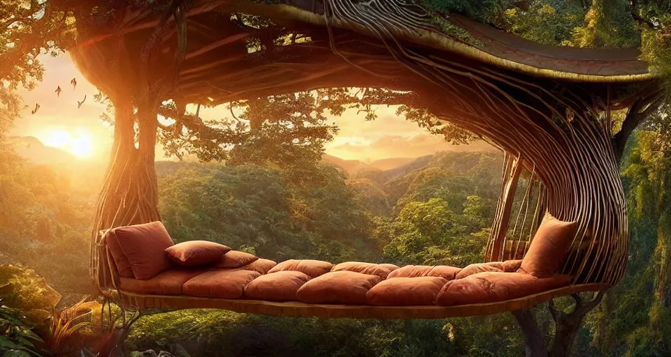 Prompt: an incredibly beautiful scene from a 2 0 2 2 marvel film featuring a cozy art nouveau reading nook in a fantasy treehouse interior. a couch with embroidered pillows. a tree trunk. suspended walkways. golden hour. 8 k uhd.