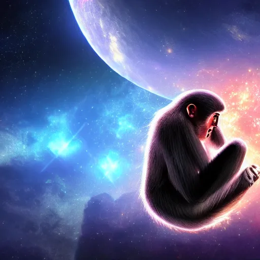 Prompt: the all knowing monkey forming the universe as we know it today, putting the stars in place, beautiful texture, beautiful graphics, fantasy artwork, very beautiful scenery, hd, hdr, ue 5, ue 6, unreal engine 5, cinematic 4 k wallpaper, 8 k, ultra detailed