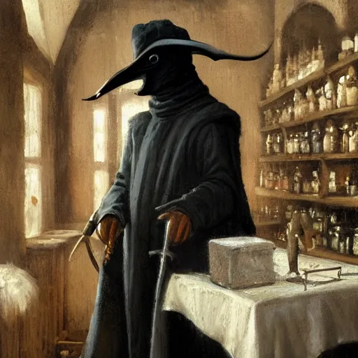 Prompt: plague doctor working in medieval apothecary, oil painting, by Greg Rutkowski