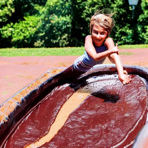 Image similar to a suited sliding through chocolate pudding head first, slip n slide, stock photo