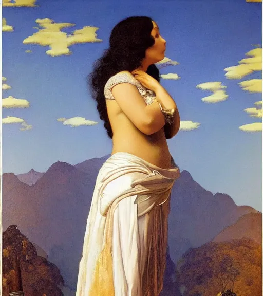 Image similar to an oil painting a queen with dark hair and white fair skin standing on a throne by maxfield parrish, highly detailed, realistic, realism, manierism, oil painting, wide shot