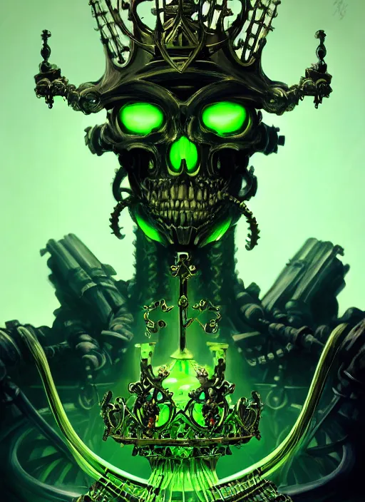 Prompt: closeup portrait shot of the king of the cyber skeletons with a crown of swords, glowing green, intricate, elegant, highly detailed, centered, digital painting, artstation, concept art, smooth, sharp focus, warframe, illustration, anders zorn, tomasz alen kopera, peter mohrbacher, donato giancola, leyendecker, boris vallejo