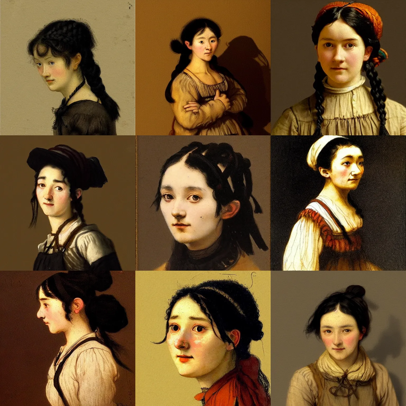 Prompt: a playful, sad black haired, young hungarian peasant woman from the 19th century who looks very similar to Lee Young Ae with a hair braid, detailed, high contrast, shadows, concept art by Rembrandt and Thorma János