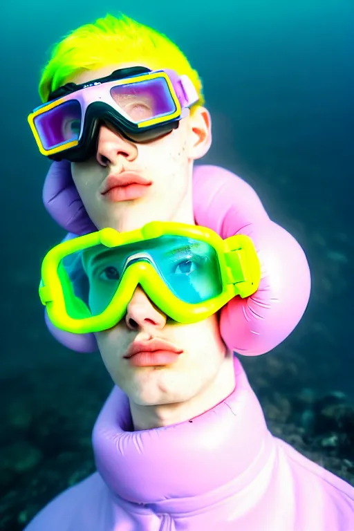 Prompt: high quality pastel coloured film mid angle portrait photograph of a beautiful young 2 0 year old male, soft features, short hair, rubber goggles and oversized inflated clothing!!!! icelandic black! rock pool environment. atmospheric three point light. photographic. art directed. ( pastel colours ). volumetric. clearcoat. waves. 8 k. filmic.