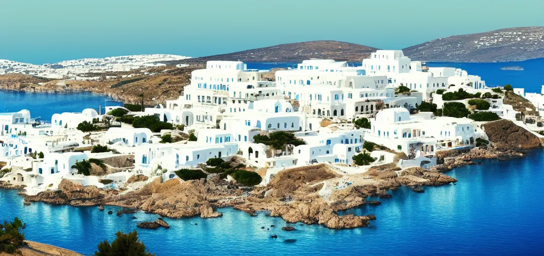 Prompt: beautiful peaceful grecian landscape in summer, blue skies, hills in the far background distance, sea reflecting of the sun, white buildings, mykonos, cinematic lighting, soft glow, wide angle, focus, 3 d artstation render, unreal engine