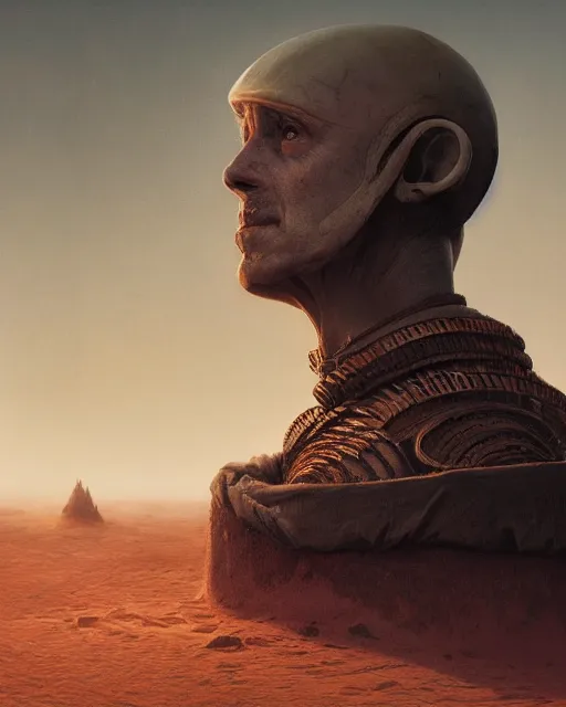 Image similar to portrait of paul atreides as emperor of arrakis, cinematic lighting, highly detailed, photorealistic, octane render, 8k, by simon stalenhag and zdzislaw beksinski