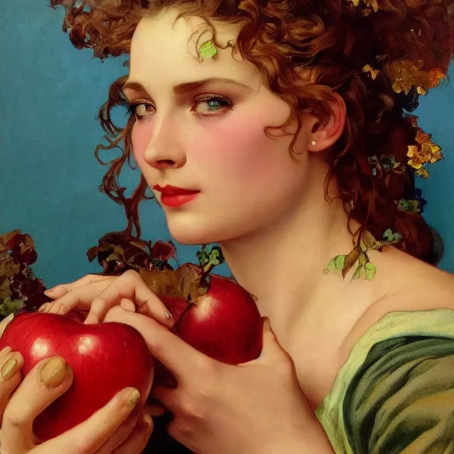 Prompt: an aesthetic! detailed close - up portrait of an aesthetic woman, face covered, holding an apple, by frank frazetta and alphonse mucha, oil on canvas, bright colors, art nouveau, epic composition, dungeons and dragons fantasy art, hd, god - rays, ray - tracing, crisp contour - lines, huhd - 8 k