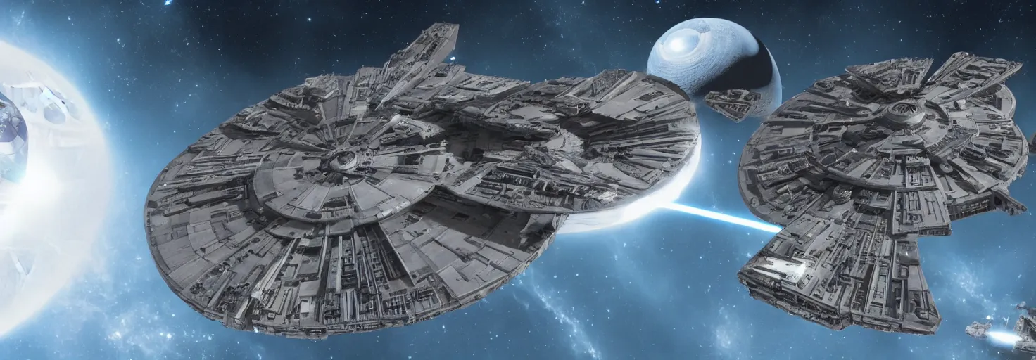 Image similar to star wars millenium falcon entering the death star gigantism