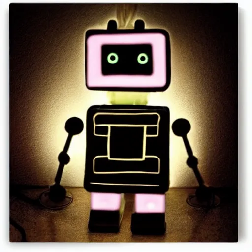 Image similar to a cute little robot, sit on a pin with a lit candle in the background by maxvanzwerg