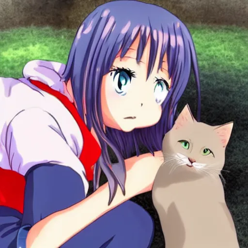 Prompt: anime girl petting a cat